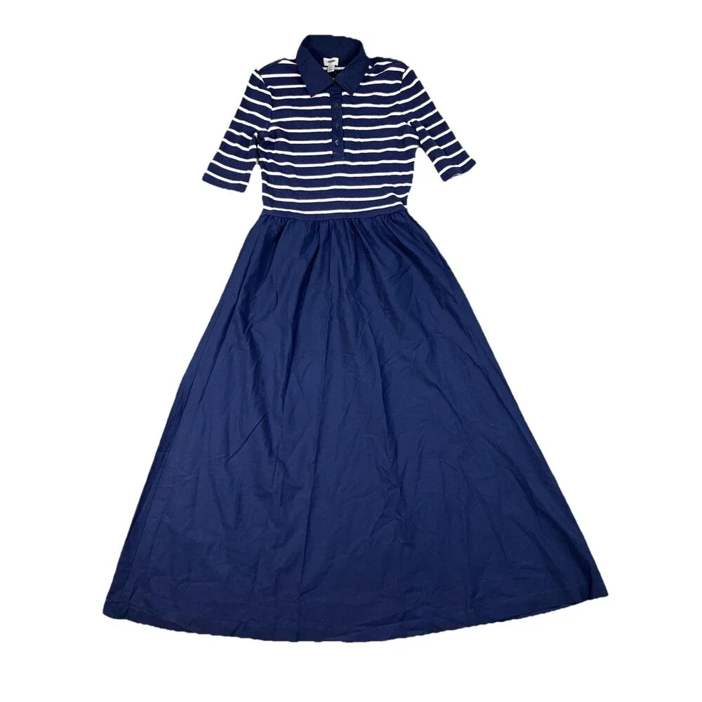 J Crew Polo Midi Dress Womens XS Blue Striped Collared Fit Flare Coastal CR821